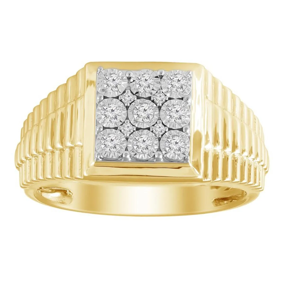 0.25cttw Diamond Square Cluster Mens Signet Ring 10k Yellow Gold Railroad Band