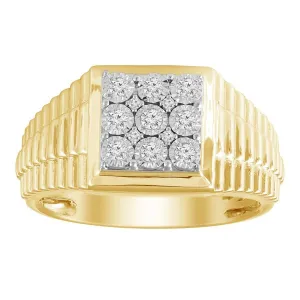 0.25cttw Diamond Square Cluster Mens Signet Ring 10k Yellow Gold Railroad Band