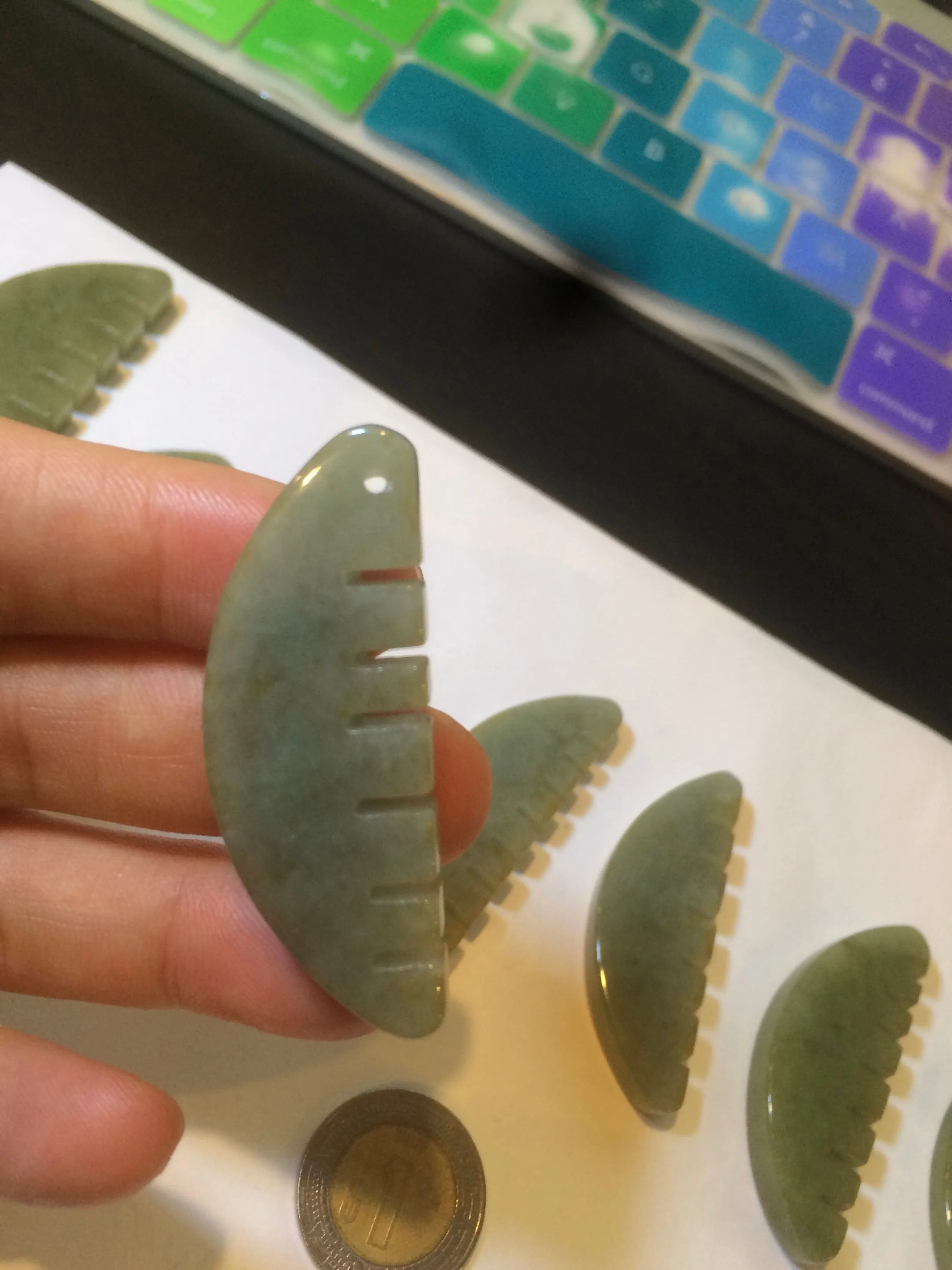 100% Natural icy watery light green/gray Jadeite gua sha (刮痧) Jadeite jade Comb E77 (Add on item! not sale individually)