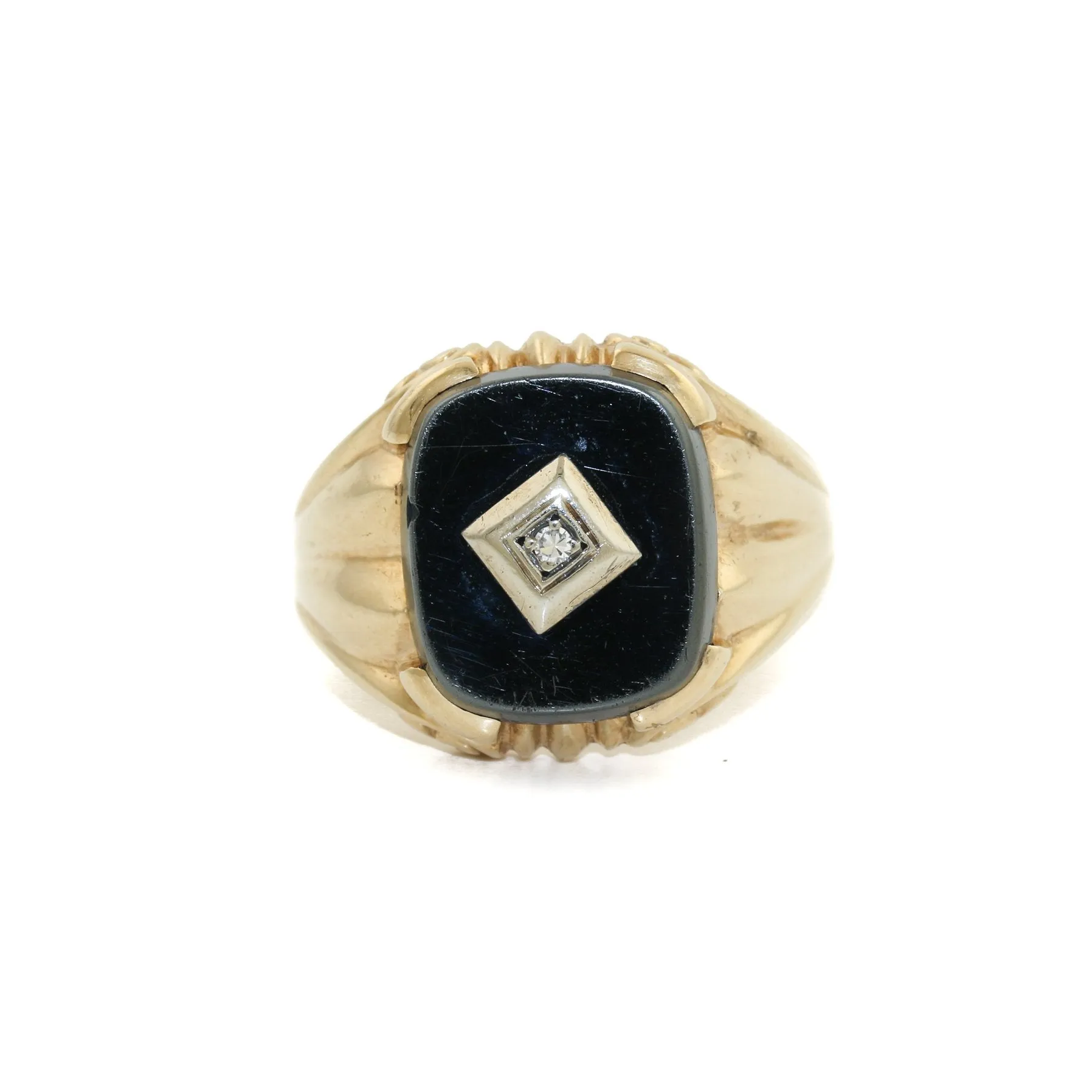 10k Gold x Black Hematite & Diamond Art-Deco Signet