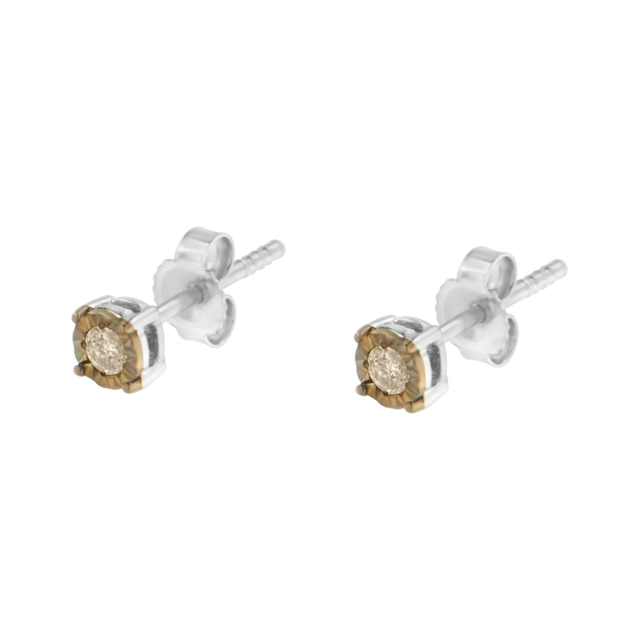 10K Yellow Gold over .925 Sterling Silver 1/10 Cttw Round Brilliant-Cut Champagne Diamond Miracle-Set Stud Earrings (Natural Color, I2-I3 Clarity)