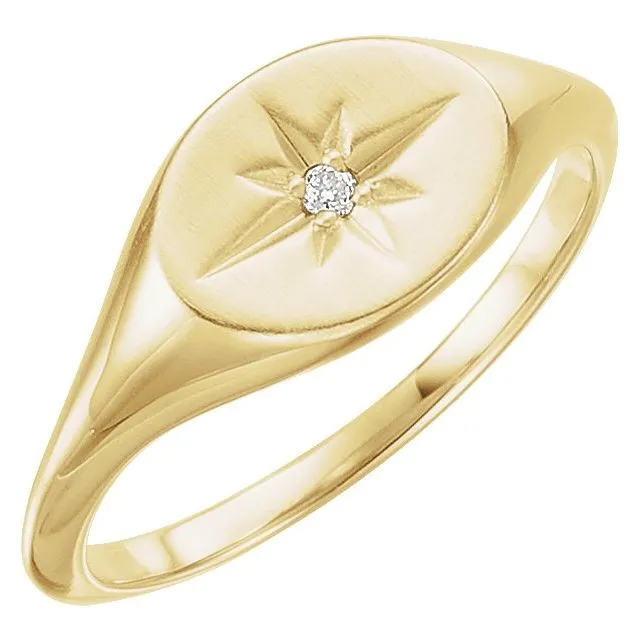 14K Yellow Gold .02 CT Diamond 10x8 mm Oval Starburst Signet Ring