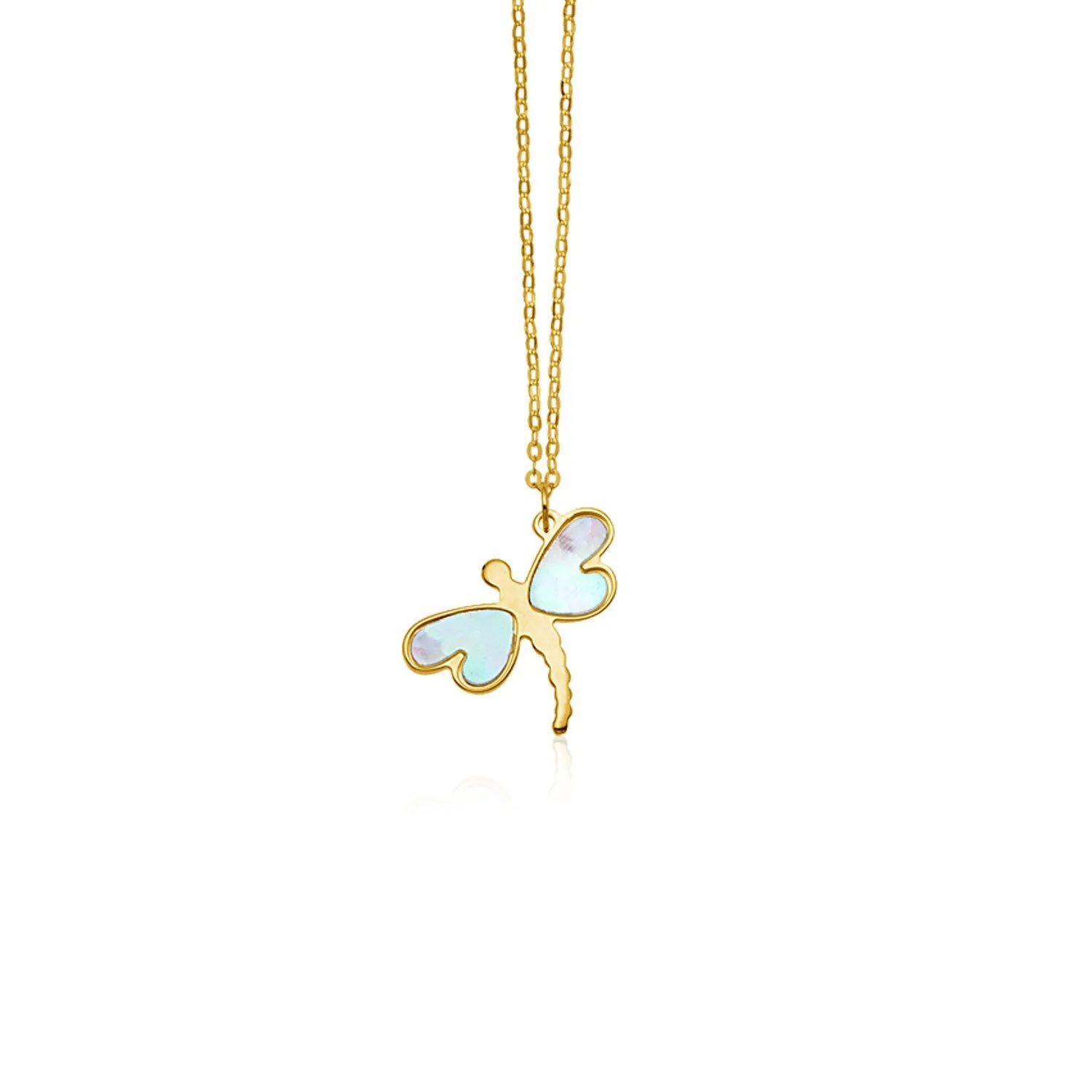 14k Yellow Gold Dragonfly Necklace with White Mother of Pearl