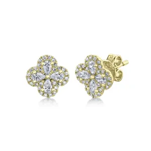 14K Yellow Gold Round and Pear Diamond Clover Stud Earrings