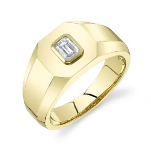 14K Yellow Gold Signet Ring with Bezel Set Emerald Cut Diamond