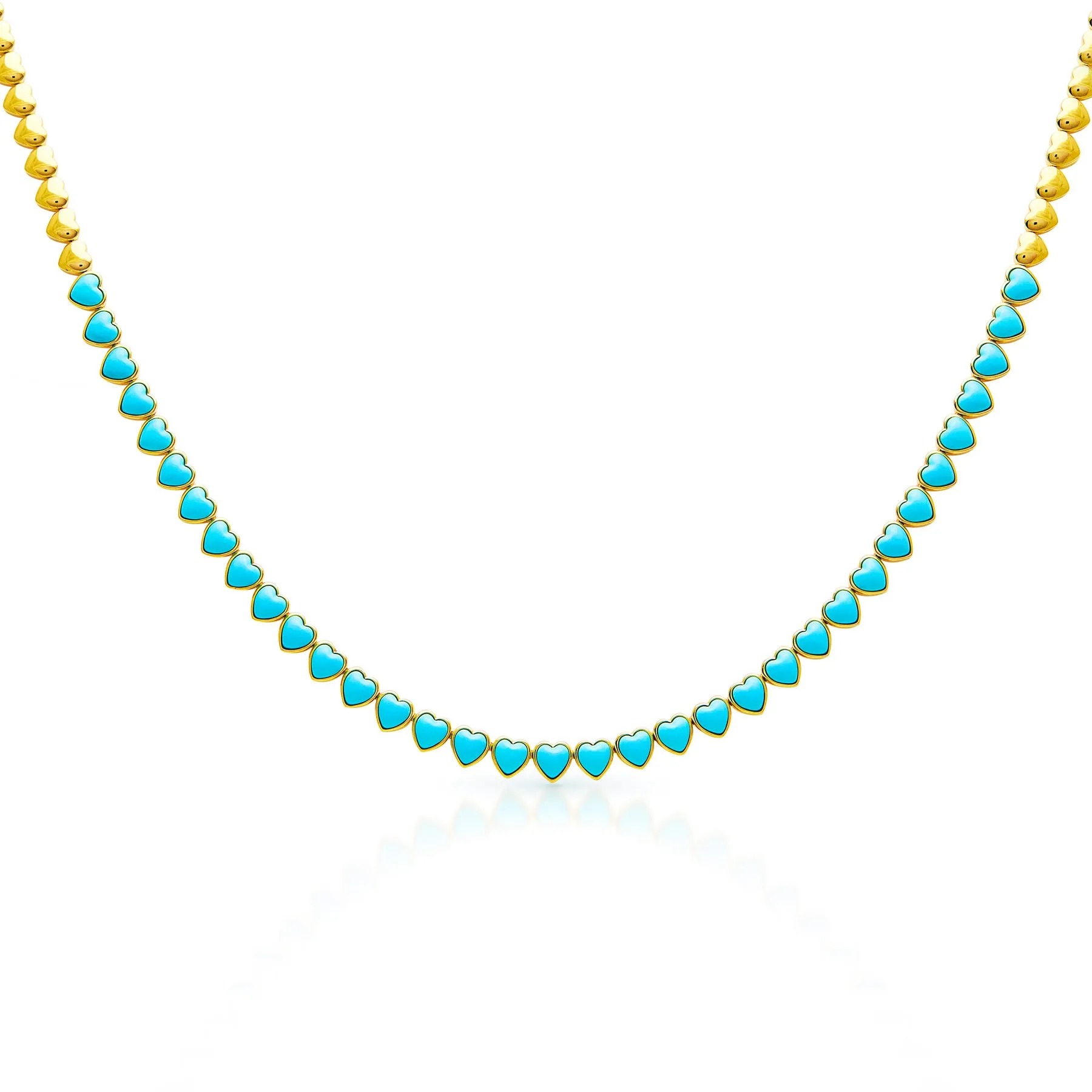 14KT Yellow Gold Turquoise Heart Tennis Necklace