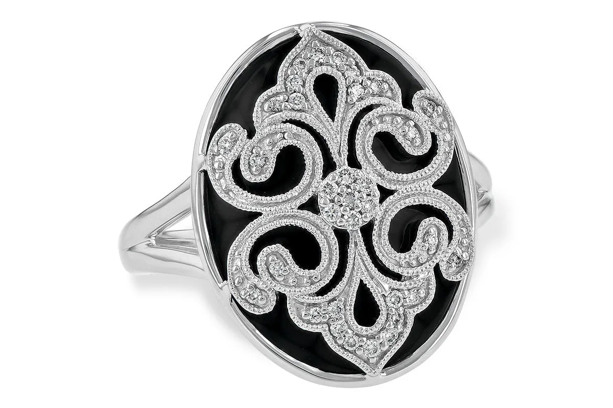 14KWhite Gold Onyx & Diamond Filigree Statement Ring