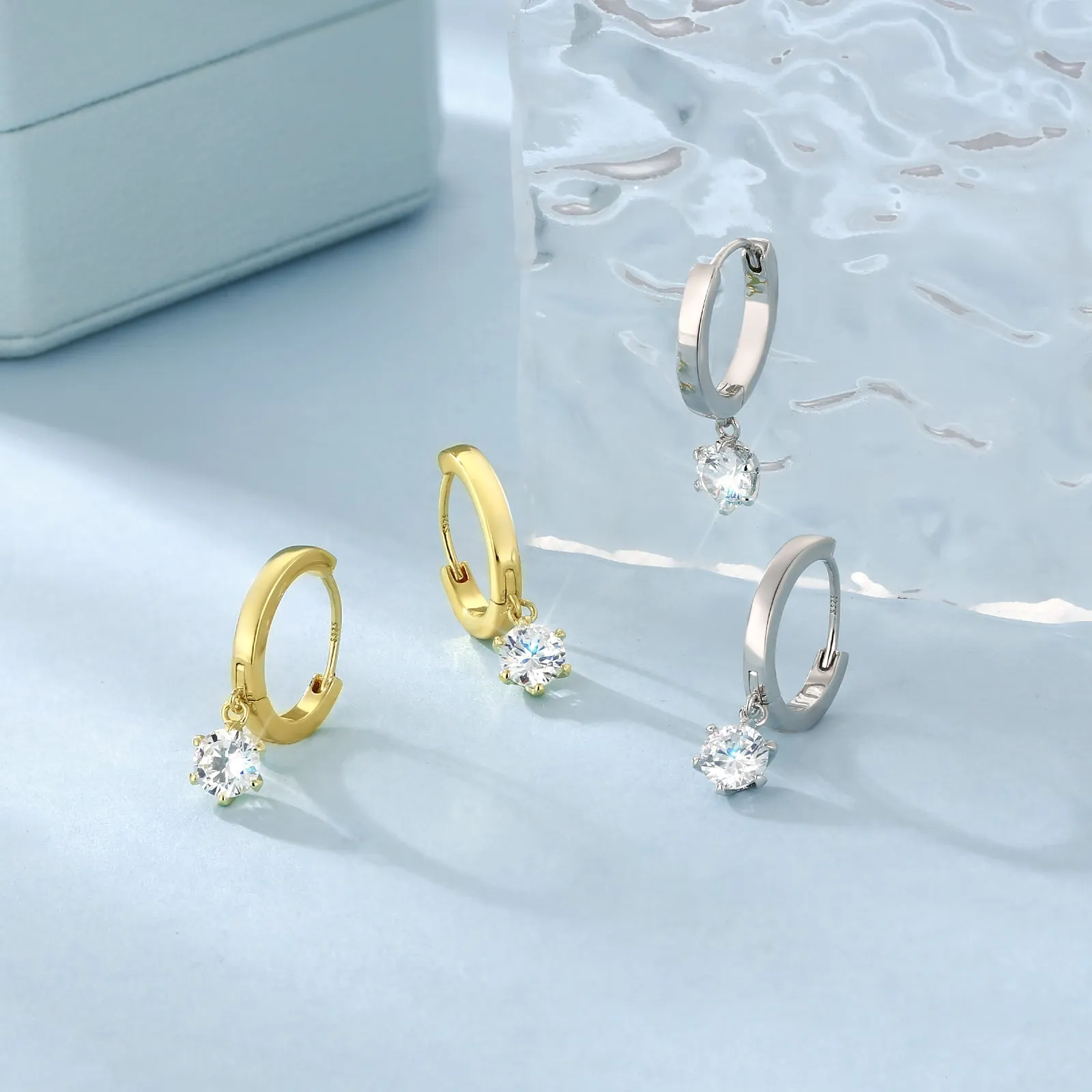 15mm 14K Gold/White Gold  Hoop Earrings with six Prong Set Drops Single CZ