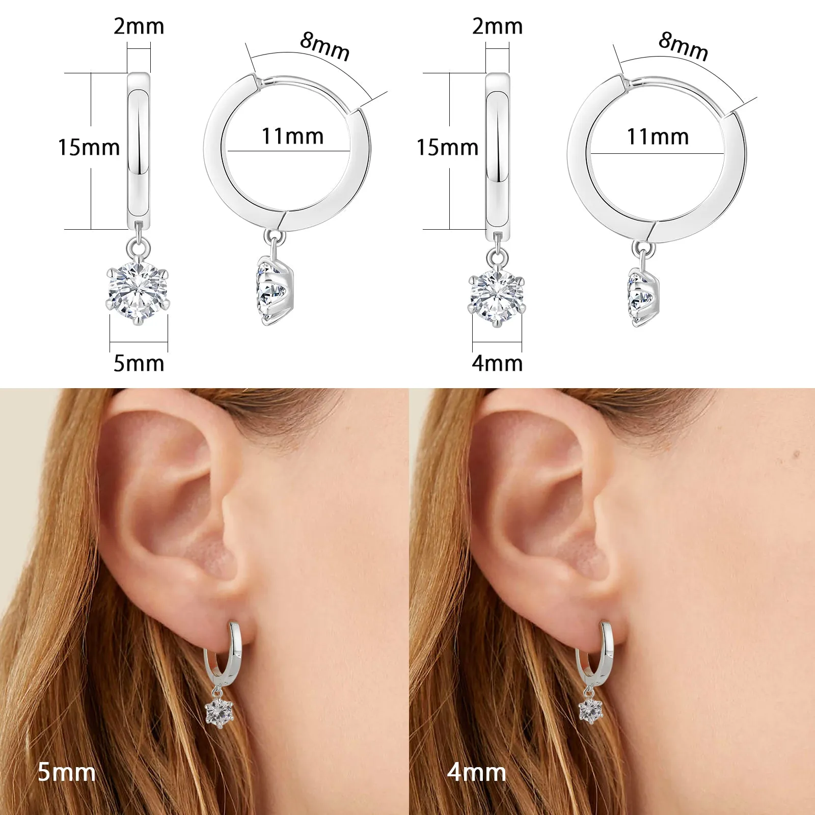 15mm 14K Gold/White Gold  Hoop Earrings with six Prong Set Drops Single CZ