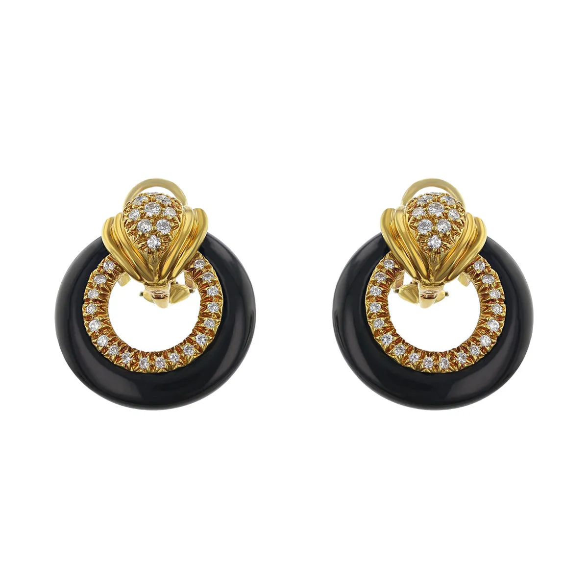 18K Gold Onyx and Diamond Door Knocker Earrings