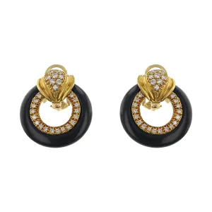 18K Gold Onyx and Diamond Door Knocker Earrings