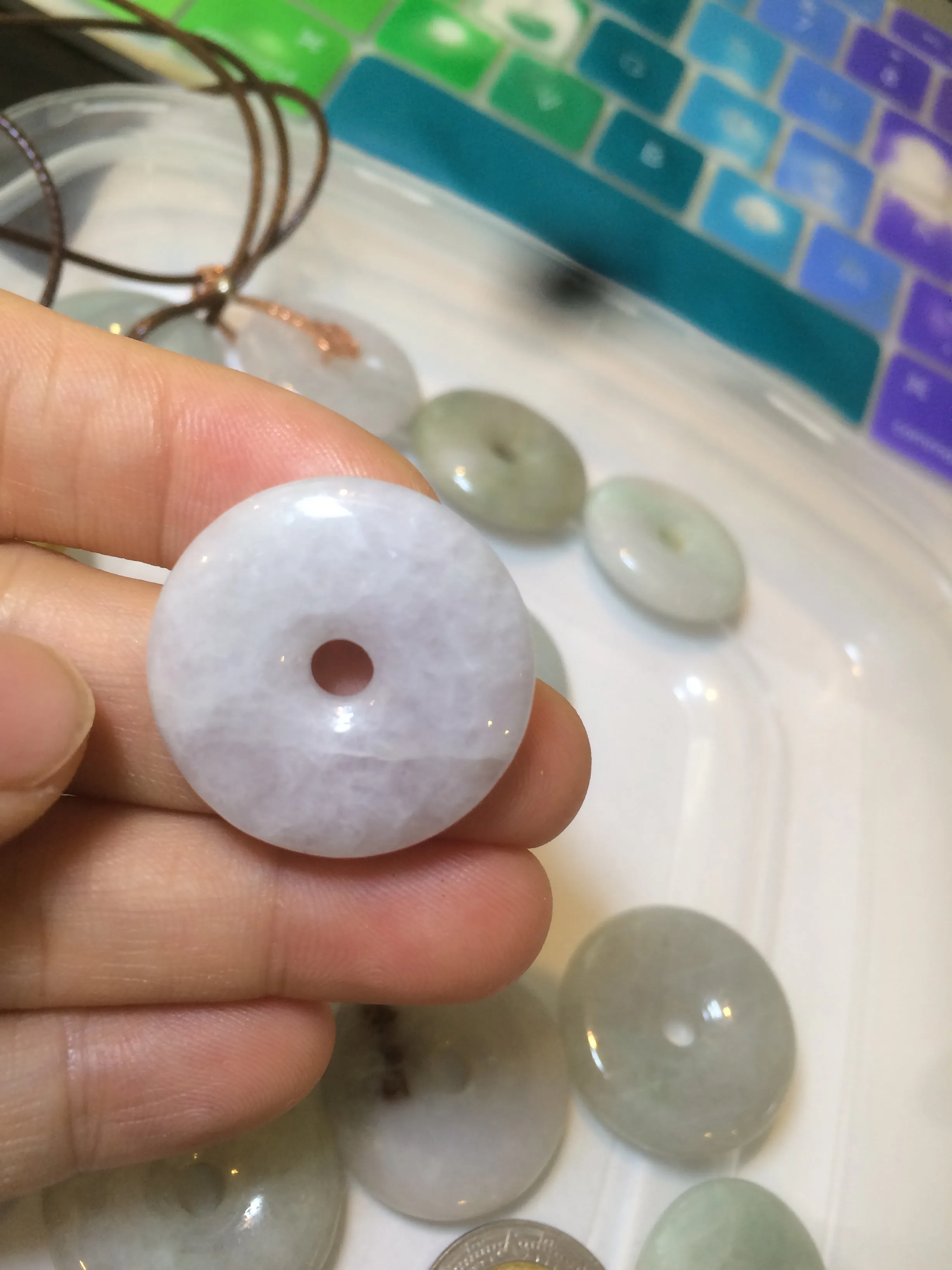 24-25mm Type A 100% Natural light green/white/purple/red Jadeite Jade Safety Guardian Button donut Pendant group AK39 (Add-on items)