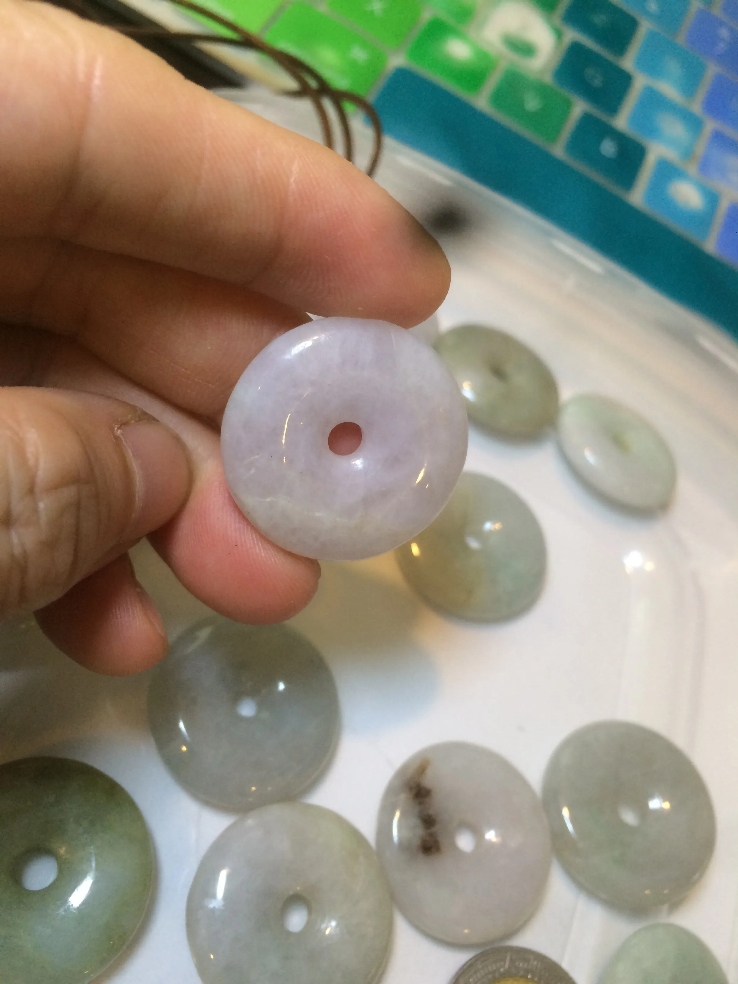 24-25mm Type A 100% Natural light green/white/purple/red Jadeite Jade Safety Guardian Button donut Pendant group AK39 (Add-on items)