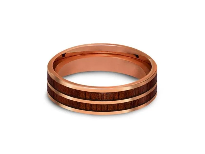 6MM HAWAIIAN Koa Wood Tungsten WEDDING BAND FLAT AND ROSE GOLD INTERIOR