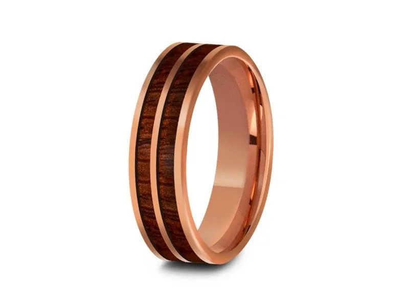 6MM HAWAIIAN Koa Wood Tungsten WEDDING BAND FLAT AND ROSE GOLD INTERIOR