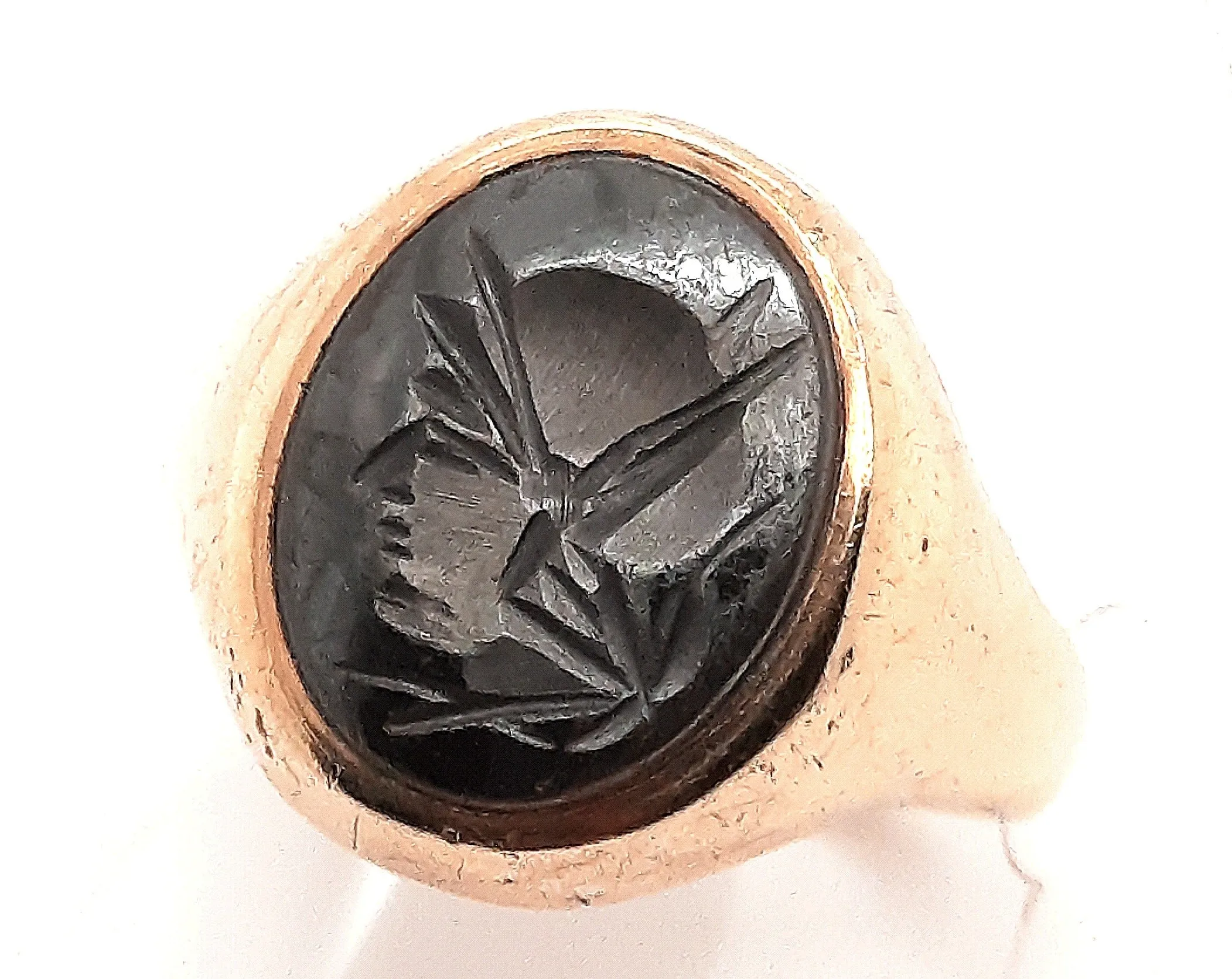 9ct Yellow Gold & Hematite Centurion Head Signet Ring c1967