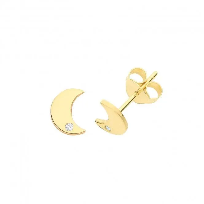 9ct Yellow Gold Moon With Single Zirconia Stud Earrings ES629