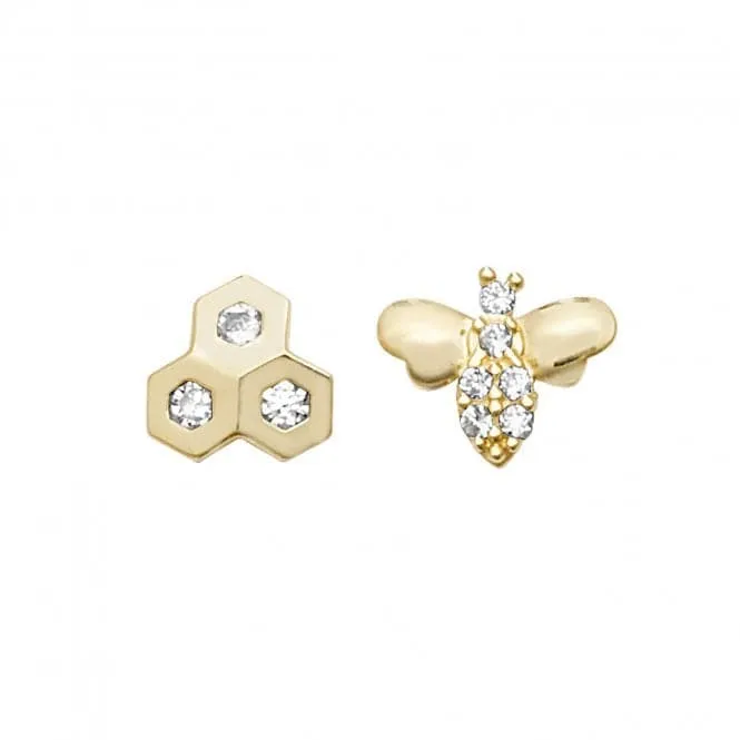 9ct Yellow Gold Zirconia Honeycomb & Bee Stud Earrings ES615