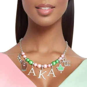 AKA Pink Green Pearl Skee Wee Alpha Kappa Alpha Inspired Necklace