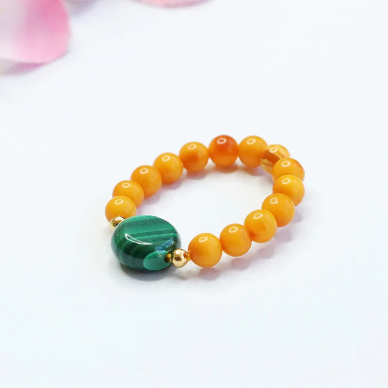 Amber and Malachite Ring with Natural Honey Wax Accents