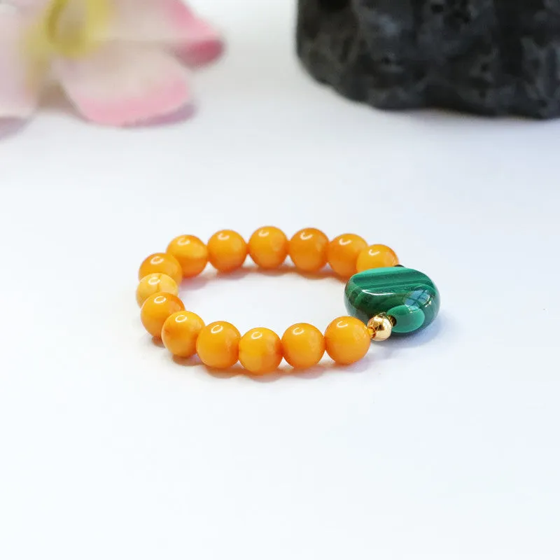 Amber and Malachite Ring with Natural Honey Wax Accents