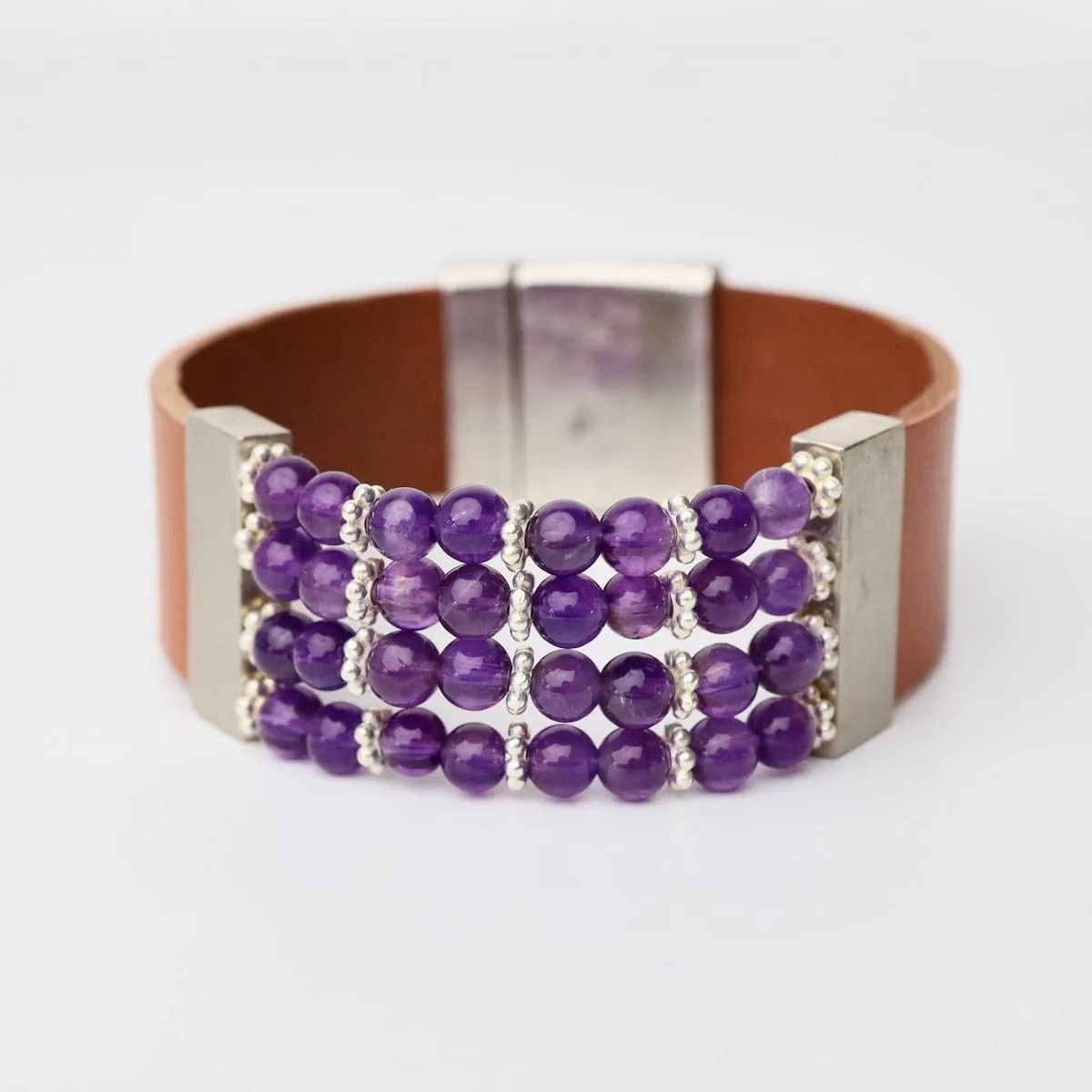 Amethyst Brown Leather Bracelet