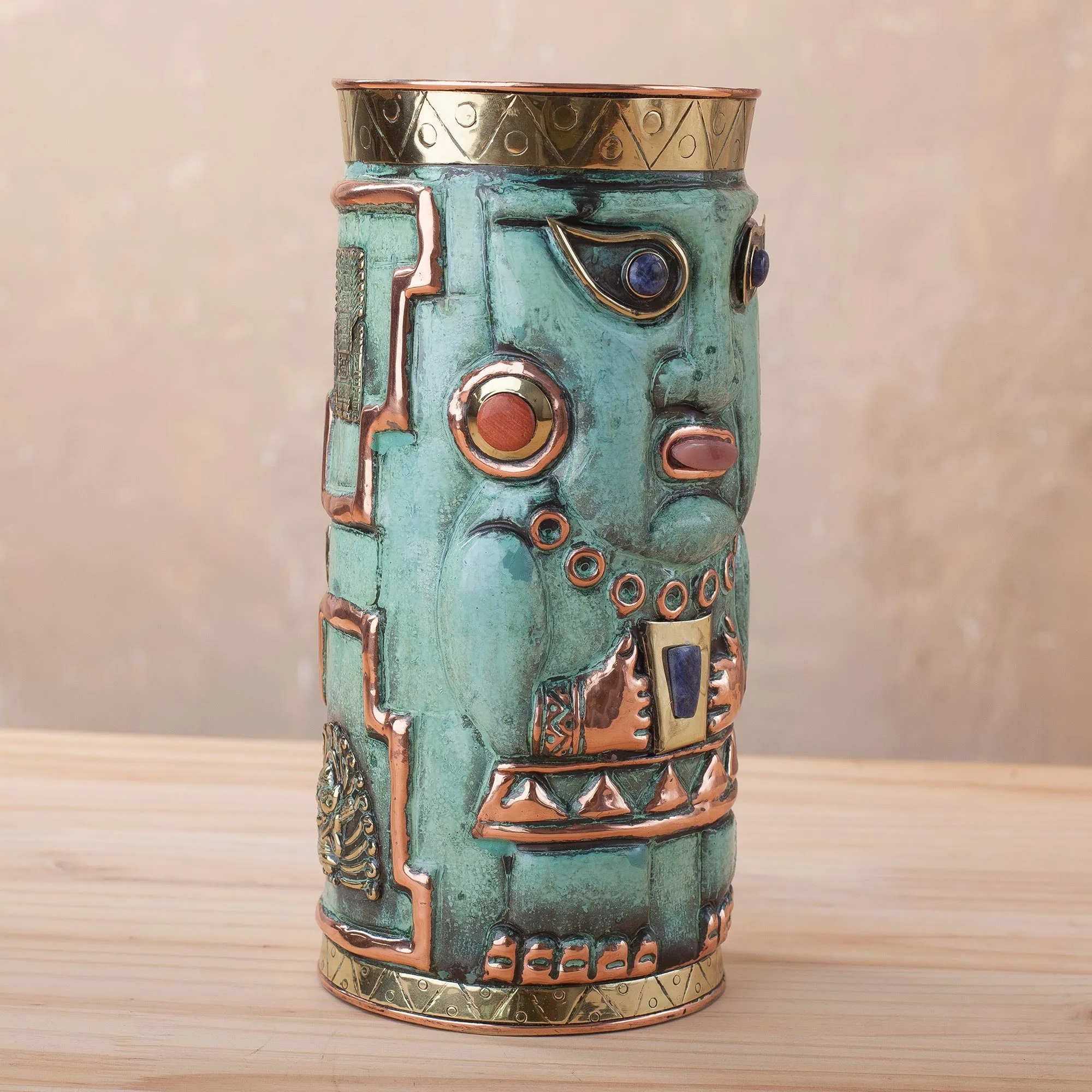 Andean Warrior Gemstone-Accented Copper Decorative Vase from Peru