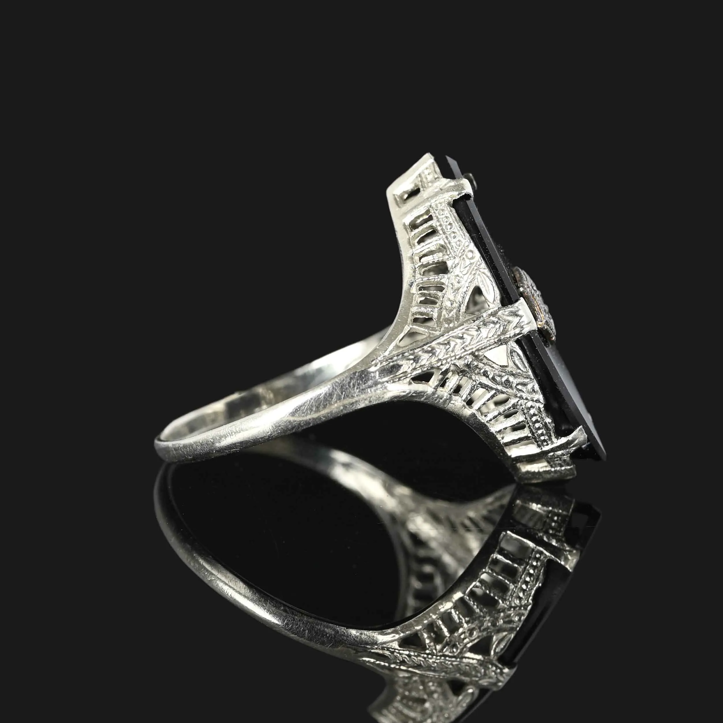 Art Deco Diamond Onyx Ring in 14K White Gold