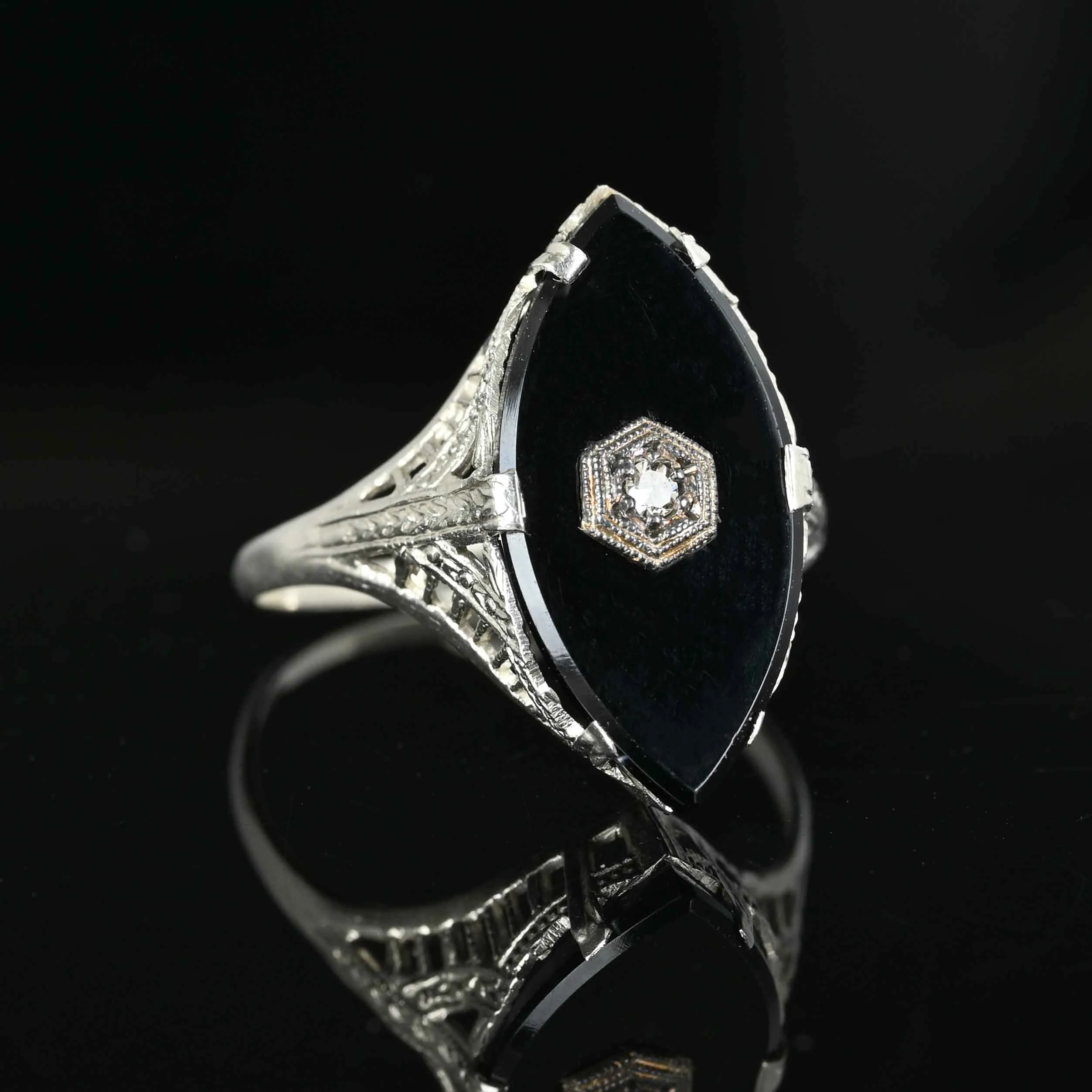 Art Deco Diamond Onyx Ring in 14K White Gold