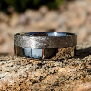 Authentic 8mm Wide Meteorite Wedding Band with Cobalt Chrome Sleeve - Genuine Gibeon Meteorite Rings