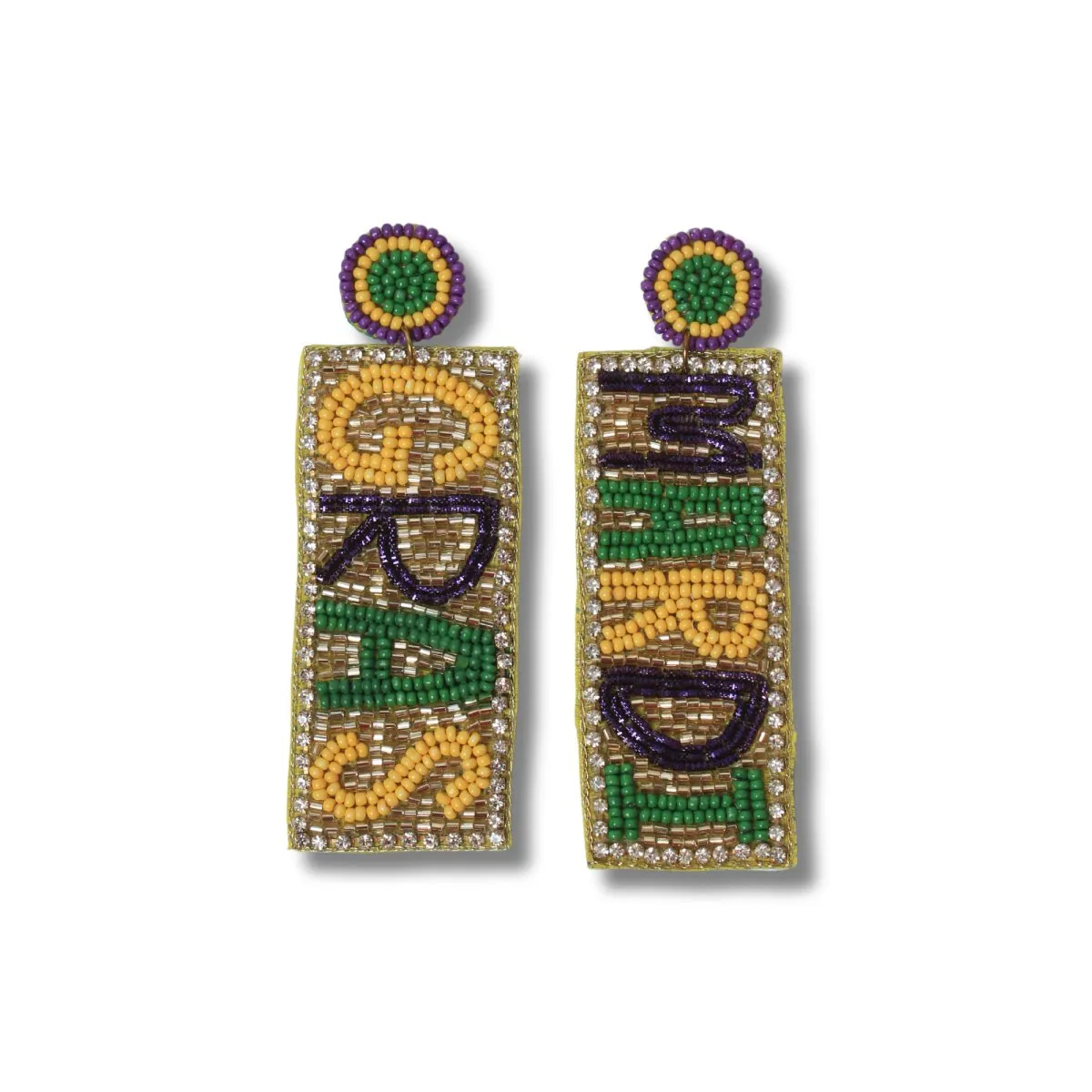 Beaded Mardi Gras Word Earrings with Circular Stud Top