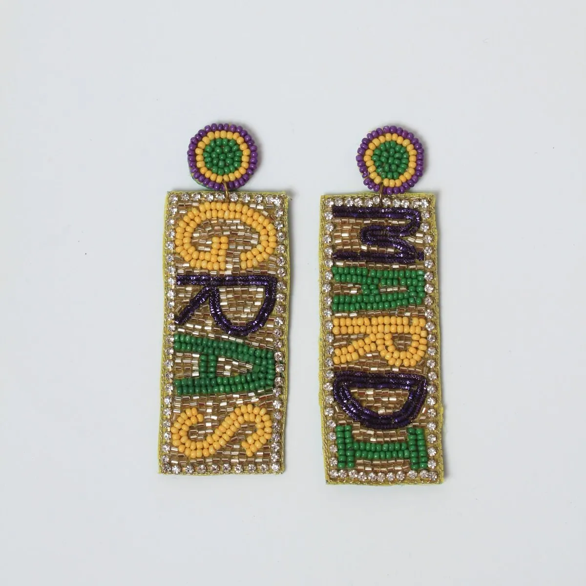 Beaded Mardi Gras Word Earrings with Circular Stud Top