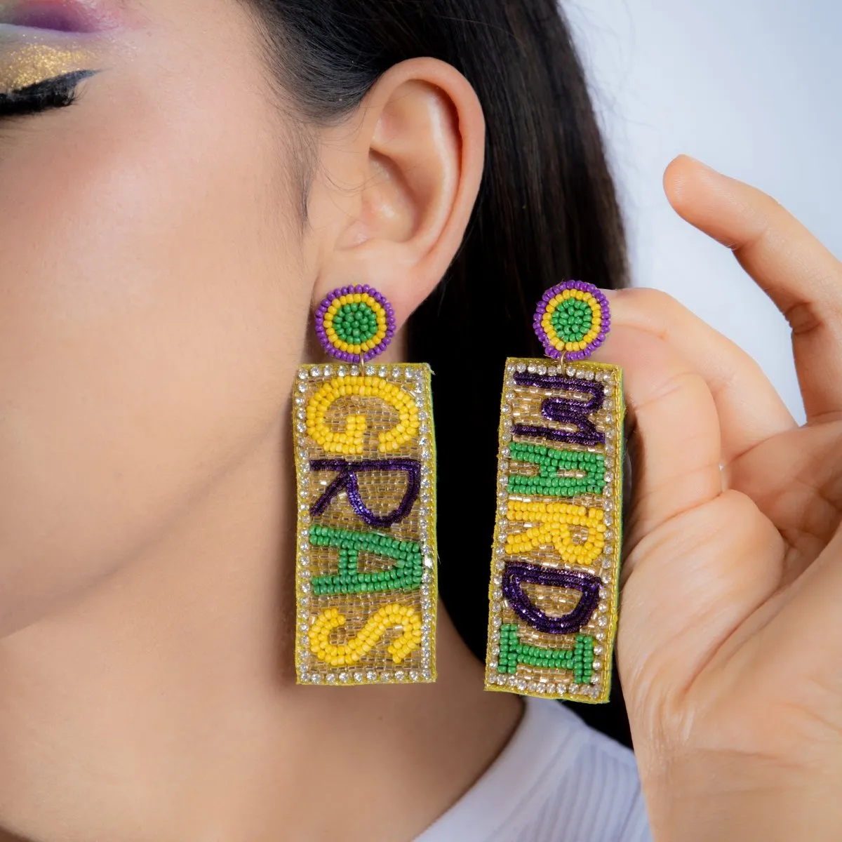 Beaded Mardi Gras Word Earrings with Circular Stud Top