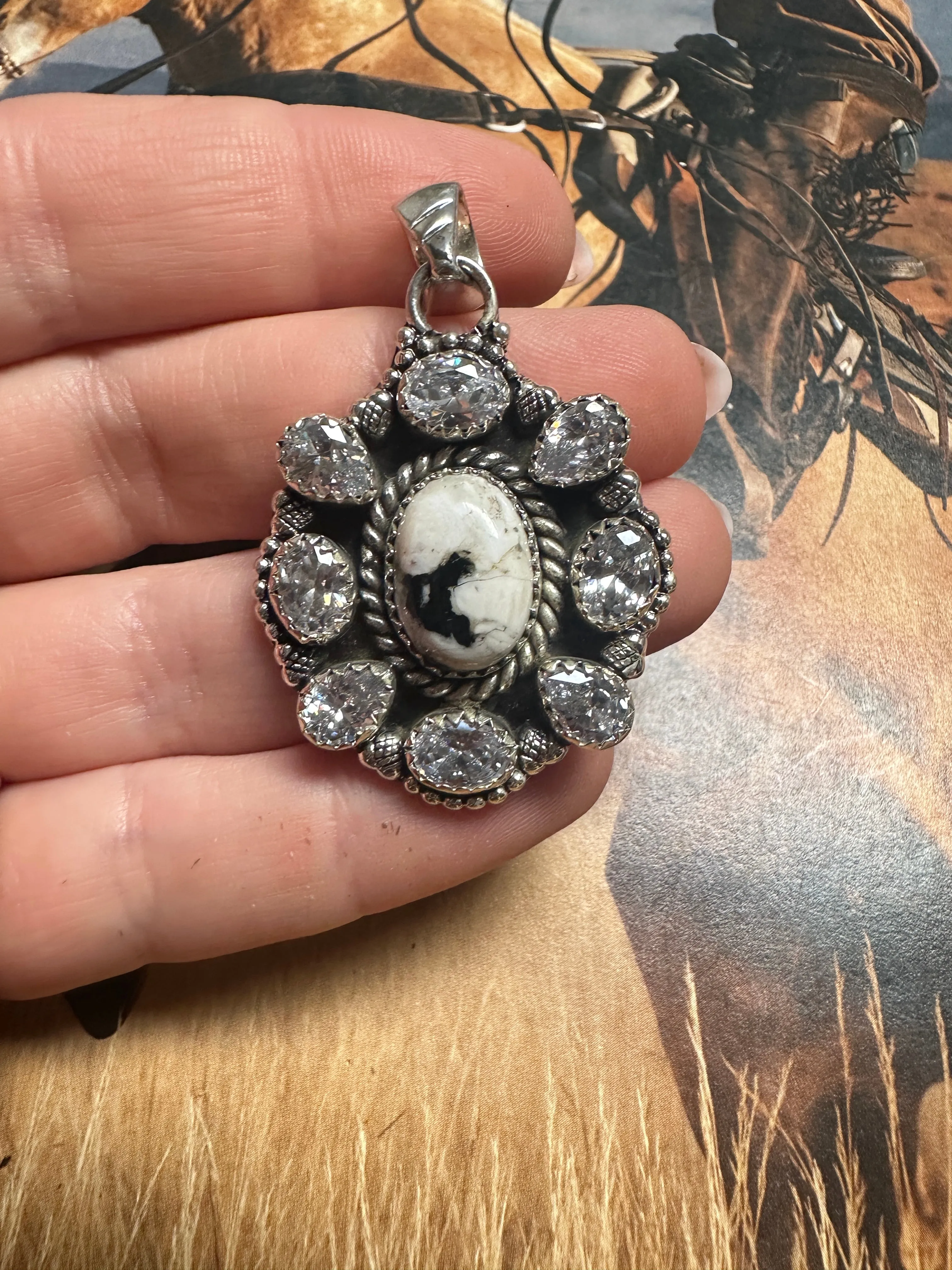 Beautiful Handmade Sterling Silver, CZ & White Buffalo Cluster Pendant