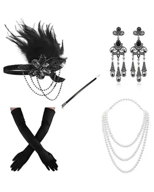 Black 1920s Gatsby Flower Flapper Set