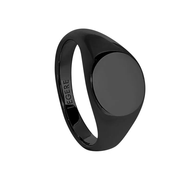 Black IP Finish Stainless Steel Round Signet Ring  - Size 12