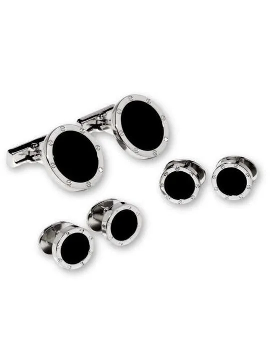 Black Onyx in Silver Screwhead Setting Studs & Cufflinks Set