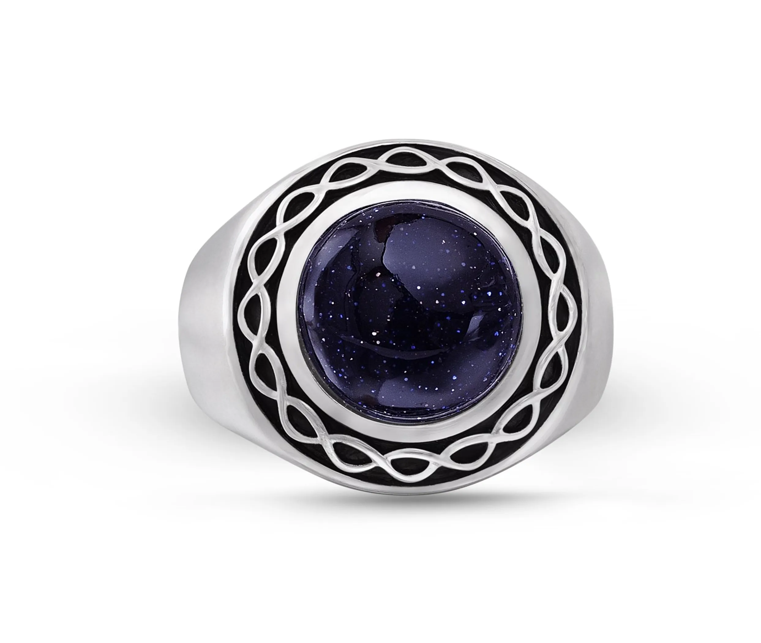 Blue Sand Stone Flat Back Cabochon Signet Ring in Black Rhodium Plated Sterling Silver