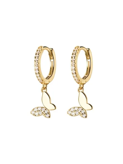 Butterfly Earrings, Diamond CZ .925 Sterling Silver Hanging Butterfly Charm Huggie Hoop Earrings