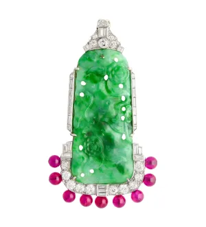 Carved Jadeite Jade & Diamond Pin and Synthetic Dangling Ruby Bead Platinum Pin