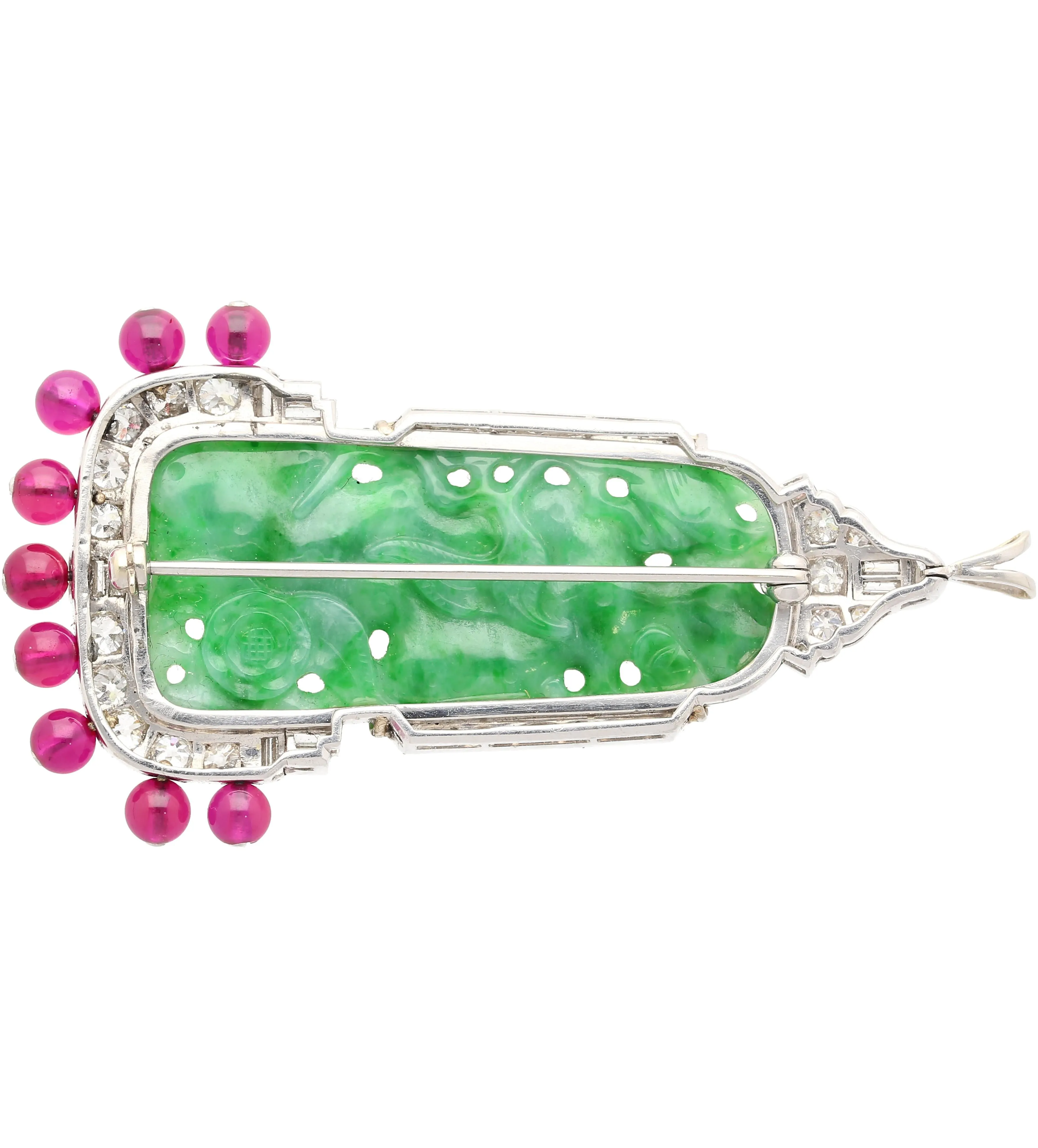 Carved Jadeite Jade & Diamond Pin and Synthetic Dangling Ruby Bead Platinum Pin