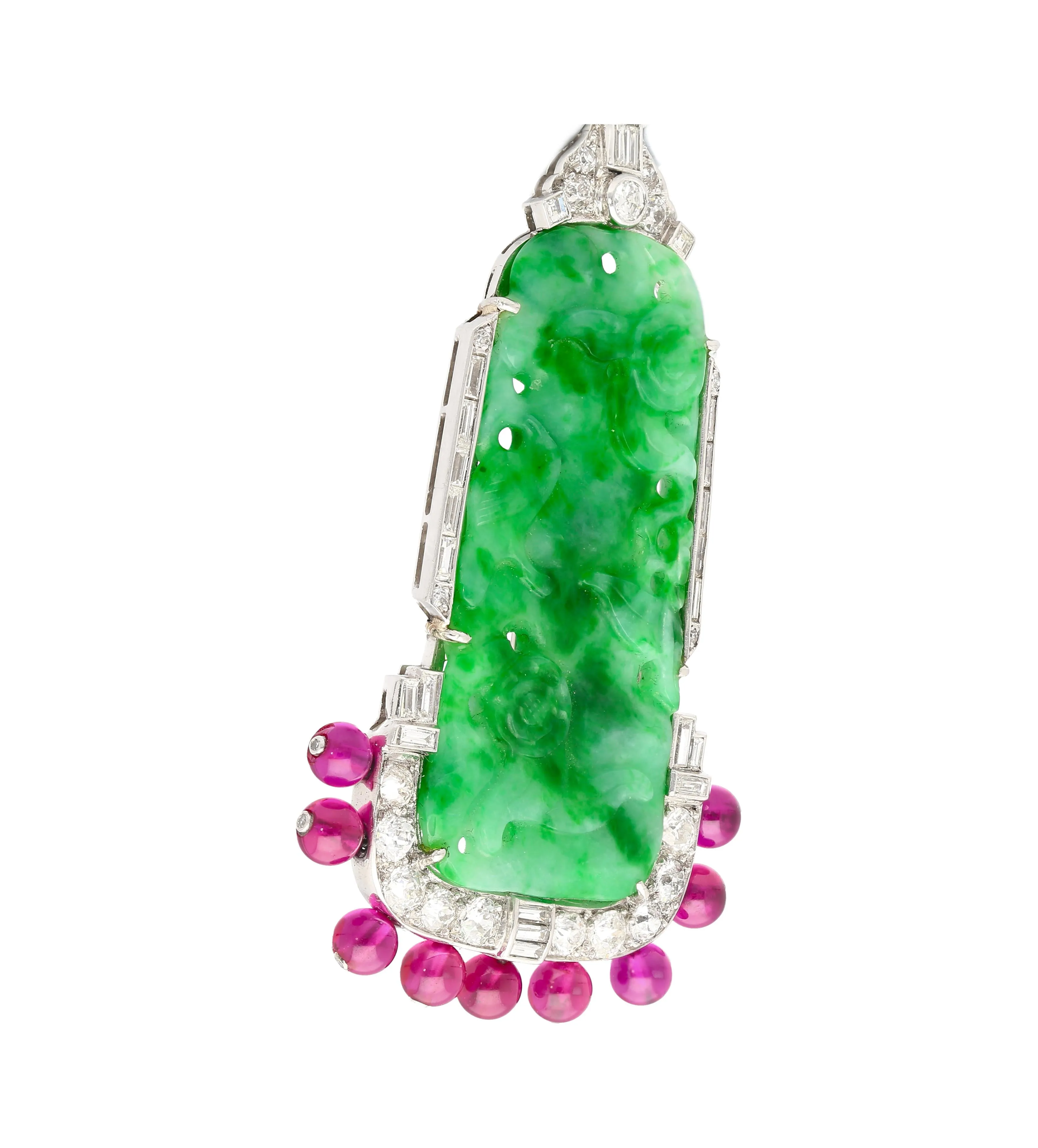 Carved Jadeite Jade & Diamond Pin and Synthetic Dangling Ruby Bead Platinum Pin