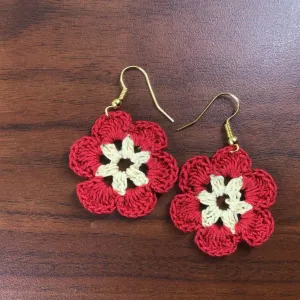 Chic Red & Beige Crochet Handmade Earrings