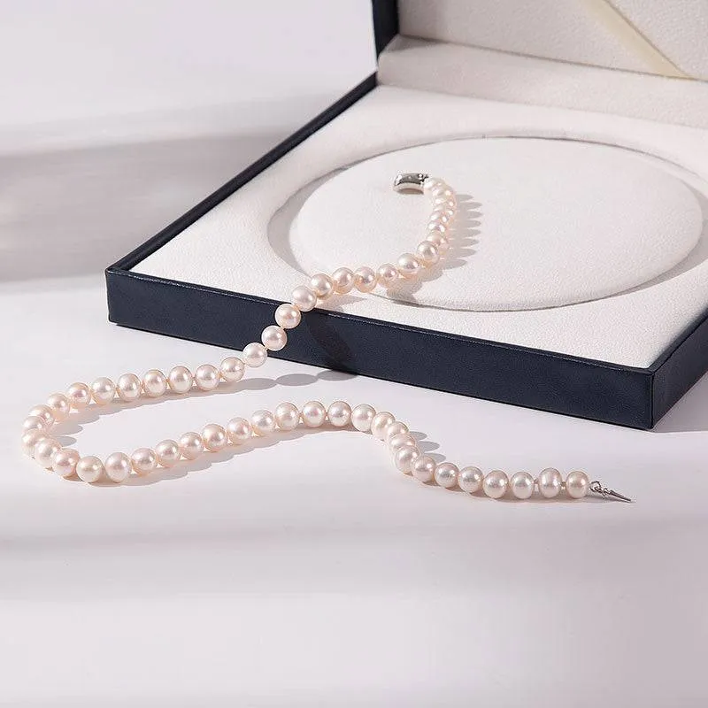 Classic White Round Freshwater Pearl Necklace, Sterling Silver Clasp