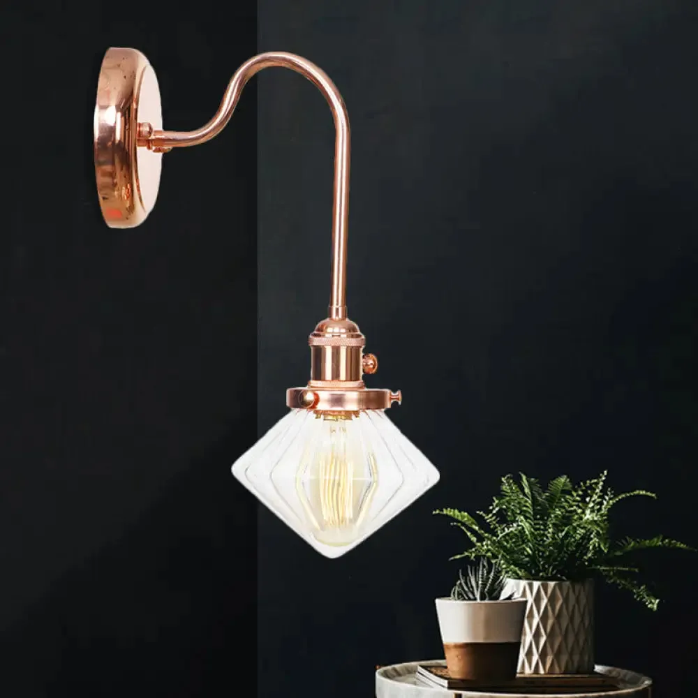 Clear/Amber Glass Copper Diamond Sconce Light - Farmhouse Wall Fixture for Bedroom