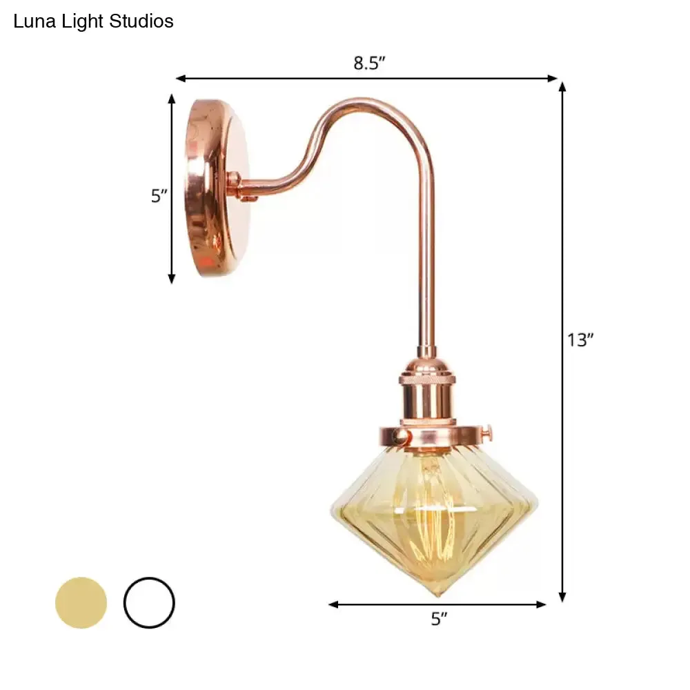 Clear/Amber Glass Copper Diamond Sconce Light - Farmhouse Wall Fixture for Bedroom