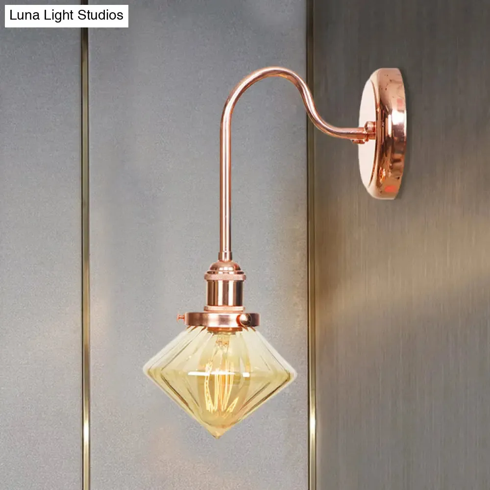 Clear/Amber Glass Copper Diamond Sconce Light - Farmhouse Wall Fixture for Bedroom