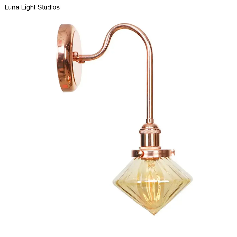 Clear/Amber Glass Copper Diamond Sconce Light - Farmhouse Wall Fixture for Bedroom