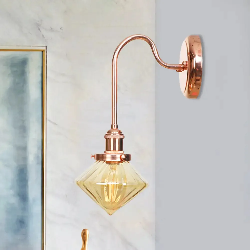 Clear/Amber Glass Copper Diamond Sconce Light - Farmhouse Wall Fixture for Bedroom