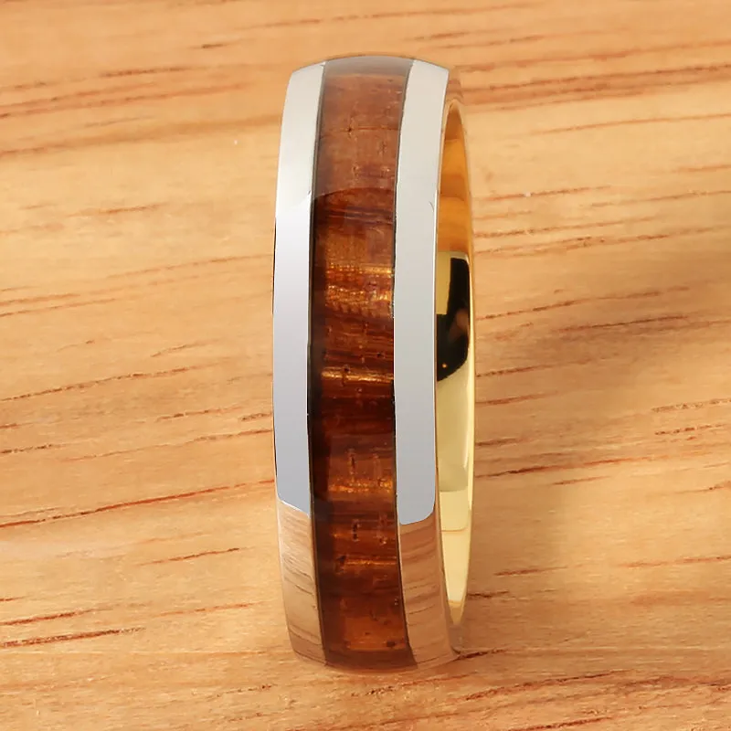 Cobalt Two-Tone Yellow Gold Plated Curly Koa Wood Oval Wedding Ring 6mm